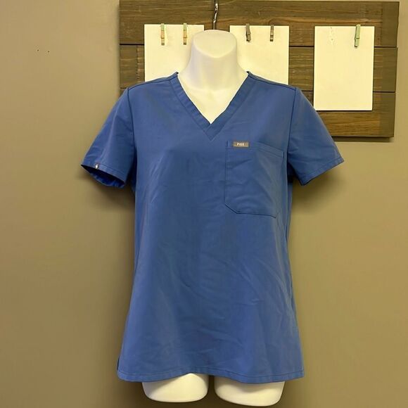FIGS Technical Collection Blue Short Sleeve V-Neck Medical Scrub Shirt Pocket-XS - Picture 1 of 13